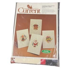 Vtg Current Counted CrossStitch Christmas 4 Cards 1983 Kit NEW 7145-1 5x7 Granny